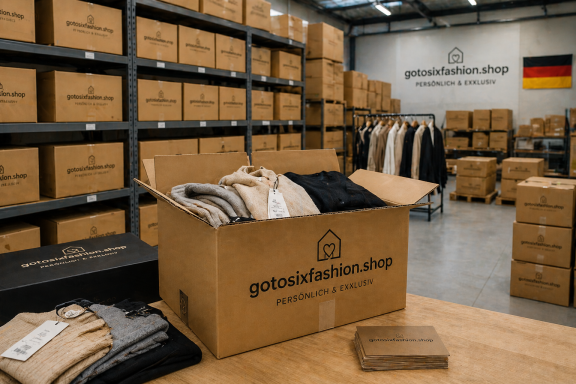 Unser Lager Karton mit Kleidung in einem Lager voller verpackter Kisten und Regale.